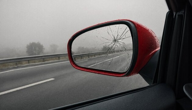 Broken side mirror of a red car reflecting a highway road