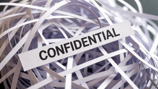 A single piece of paper labeled Confidential resting on shredded document pile