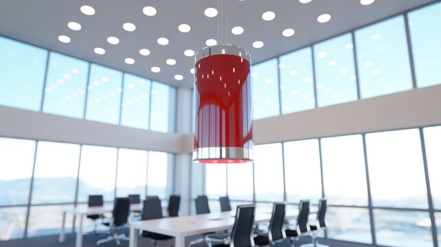 A Modern Bright Conference Room Featuring A Large Red Cylindrical Hanging Light