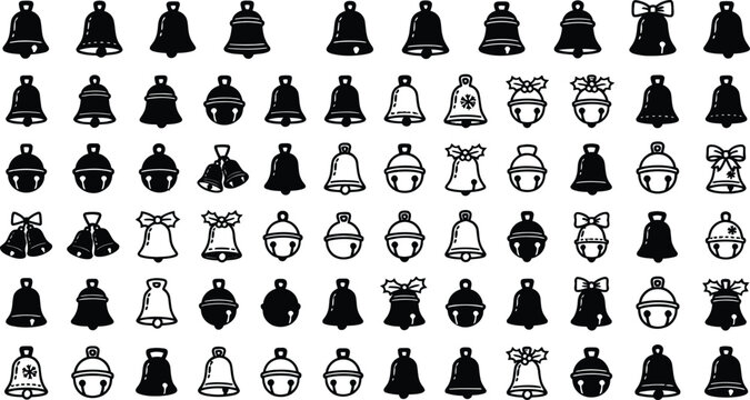 Mega collection of christmas bells icons with different shapes jingle bells and holly leaf decorations.