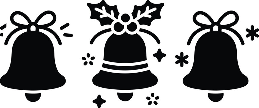 Set of christmas bells icons with bow, holly, and stars isolated on transparent background, vector art.