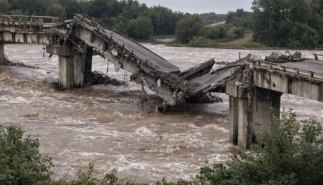 A ruined concrete bridge collapsed over a turbulent rushing river