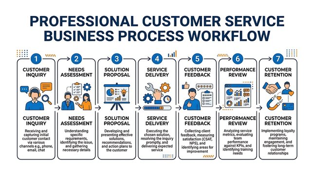 Professional customer service business process workflow, 7 step client support lifecycle diagram, corporate service delivery strategy infographic