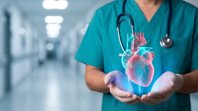Doctor holding a 3D digital heart. Medical professional analyzing human anatomy hologram.