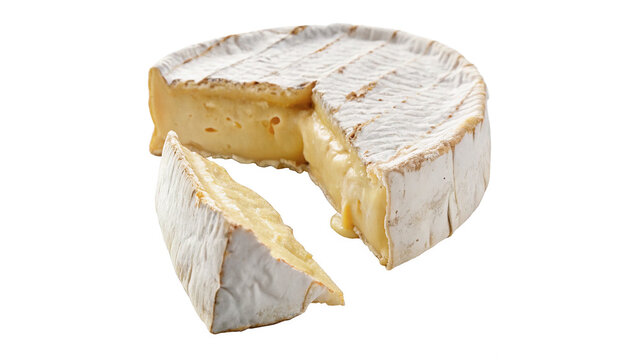 Gourmet soft french camembert cheese wedge isolated on transparent background for restaurant dairy grocery menu
