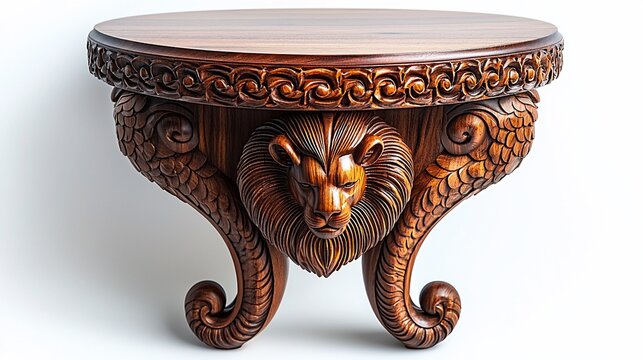 Ornate carved lion head wall shelf, elegant design, studio shot, home decor