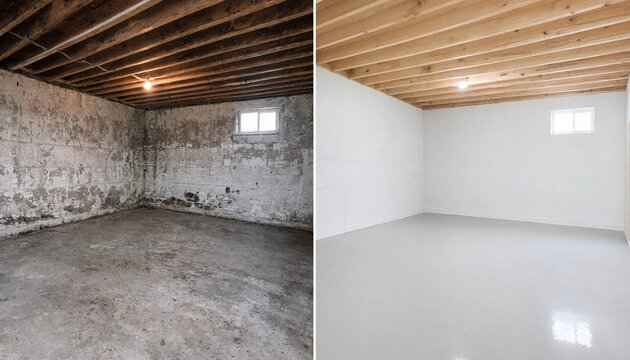 Before and after renovation of an unfinished basement showing improvement