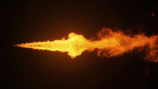 黒背景を左から右へ水平に噴射される激しい炎