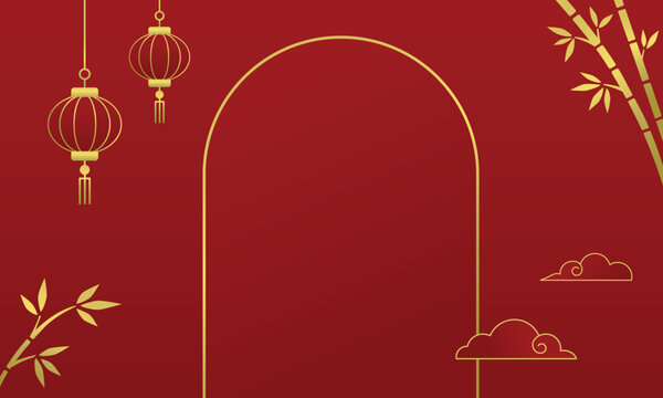 Chinese New Year background. Golden arch frame, hanging lanterns, bamboo branches and traditional clouds on red background.