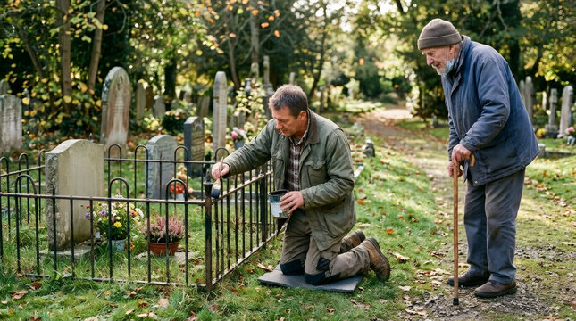 Man painting metal fence on grave in cemetery with elderly father. Son caring for family burial plot, maintaining memorial. Respect and remembrance concept in autumn graveyard setting.