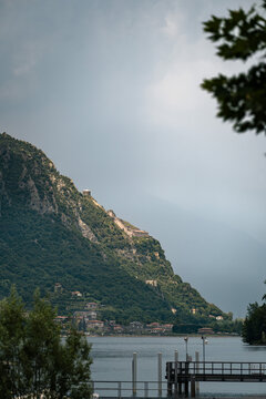 Historic Rocca d'Anfo fortress on a mountain slope  of  Monte Censo above Lago d'Idro ideal for travel and historic content