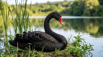 Naklejka premium Elegant Black Swan Resting by a Serene Lake Shore Amidst Lush Greenery.