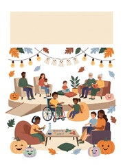 Fototapeta premium Diverse group of people of all ages and abilities enjoying a cozy autumn gathering with pumpkins and festive lights, fostering community connection and inclusivity