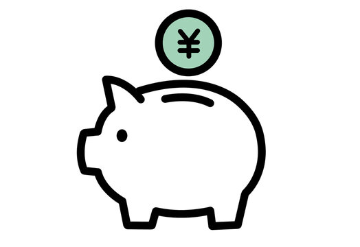 Piggy bank icon with green Japanese yen coin transparent background