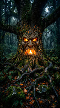 Spooky ancient tree with glowing face in a dark forest