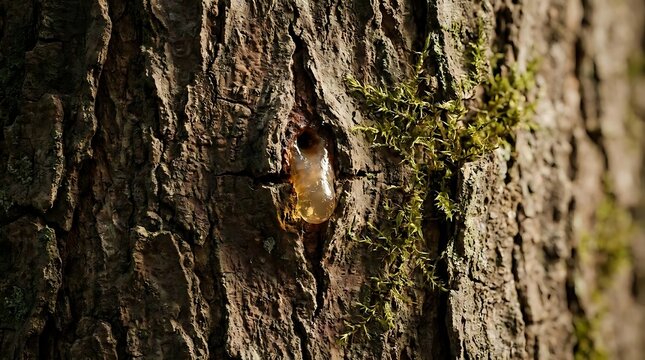 A close-up view of copaifera officinalis tree bark showing clear medicinal resin seeping from a natural opening in the rough texture of the trunk surface.