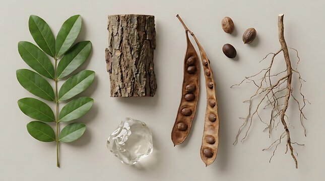 A collection of copaifera officinalis plant parts including leaves, bark, seeds, and roots arranged artistically on a neutral background for botanical study