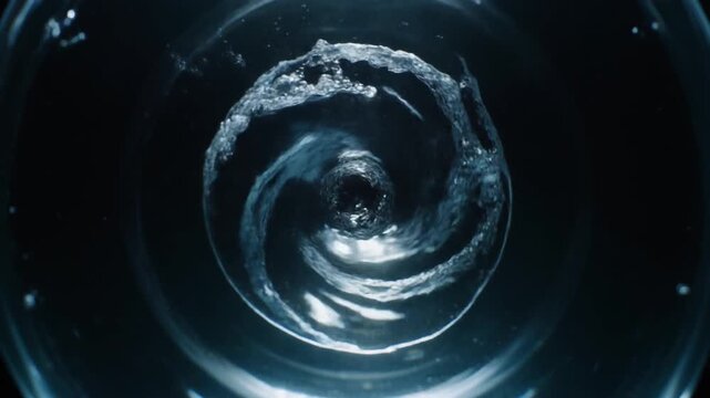 黒背景とドラマチックな照明の下で透明な容器内で渦巻く水の渦