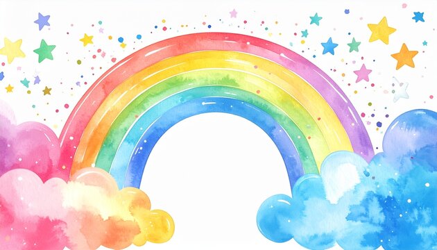 Bunter Aquarell Regenbogen mit Wolken und Sternen f&uuml;r Einschulung, Schulanfang, Schuleinf&uuml;hrung, Kindergeburtstag, Banner und Gl&uuml;ckwunschkarte