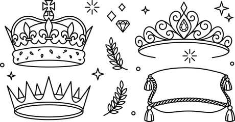 Royal crown and tiara outline vector icon set featuring luxury jewels royal pillow diamond sparkles and laurel branches © vector design 