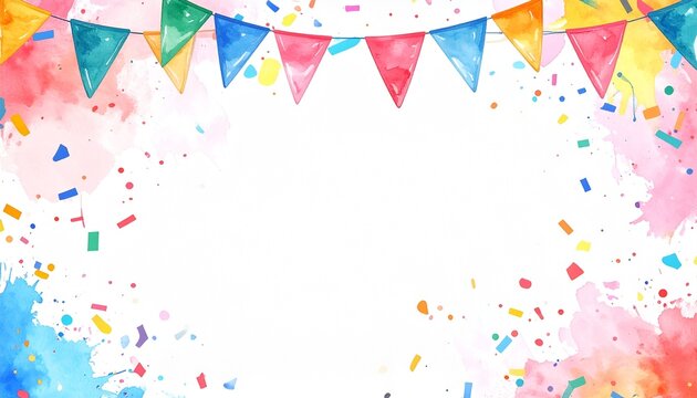 Bunter Aquarell Hintergrund mit Wimpelgirlande und Konfetti f&uuml;r Einschulung, Schuleinf&uuml;hrung, Schulanfang, Gl&uuml;ckwunschkarte und Banner