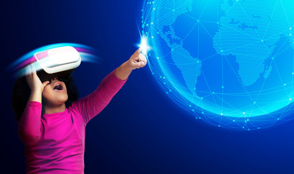 Excited african girl discovering world via VR headset, touching globe hologram, easy and exciting education, illustration, panorama