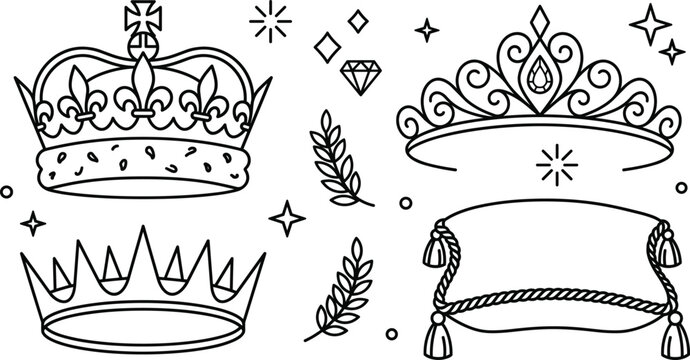 Royal crown and tiara outline vector icon set featuring luxury jewels royal pillow diamond sparkles and laurel branches