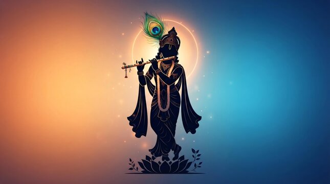 Krishna Playing Flute Blue Glow Semi-Realistic 4K Wallpaper.