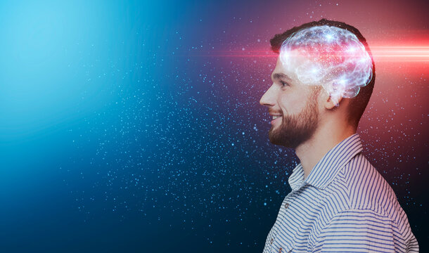 Upgrade your brain, education concept. Side view portrait of smiling millennial man with shining brain looking away at copy space on open space background, panorama, collage