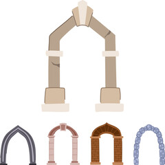 Fototapeta premium Five diverse archways and gateways in stone, brick, and classical pillar styles, isolated on white to illustrate historic and modern entrance, portal, and construction concepts