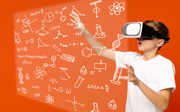 New experience in education. Teenager using VR glasses for studying, gesturing on orange panorama background with scientific symbols, collage