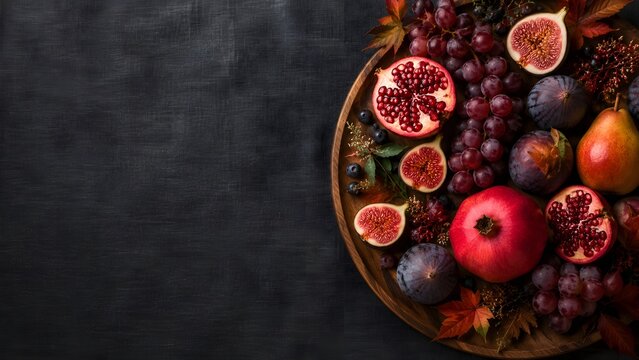 Rustic autumn fruit platter with pomegranate, figs and red grapes, dark moody food photography, seasonal harvest assortment on wooden tray