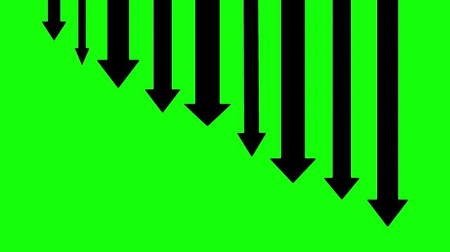 Black arrows descending animation, symbolizing a sharp downward trend, economic recession, market decline on a Bright Green Screen for Easy Chroma Keying and Versatile Project Integration.