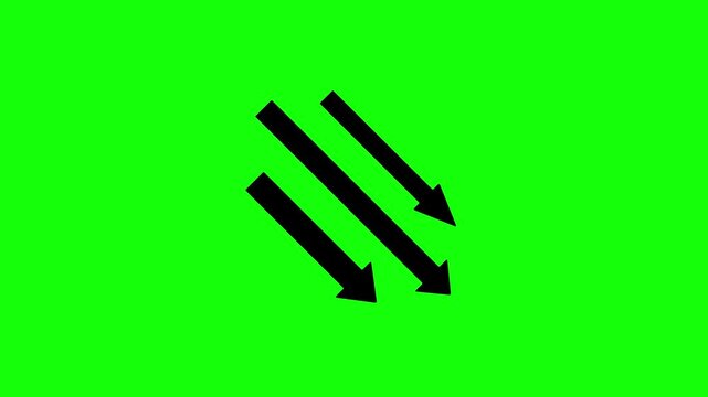 Animated of three uniform black arrows indicating a downward diagonal trajectory on a Bright Green Screen for Easy Chroma Keying and Versatile Project Integration.