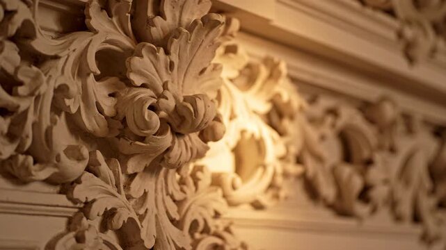 Medium shot of baroque gypsum stucco ornament with floral patterns in warm light