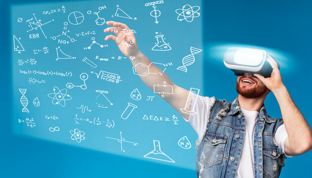 Young millennial guy trying virtual reality glasses for studying, pushing interactive board with scientific formula, blue background, collage