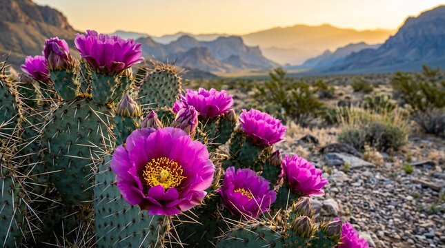 Vibrant desert botanical scene displays beavertail cacti blooming with deep purple flowers under golden sunrise light over hazy mountains.