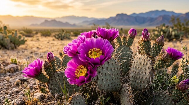 Vibrant desert botanical scene displays beavertail cacti blooming with deep purple flowers under golden sunrise light over hazy mountains.