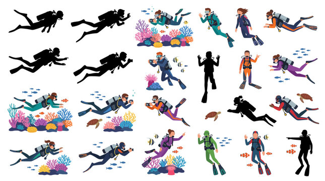 Set of vector collection featuring different male and female scuba divers, wearing diving suits, oxygen tanks, diving masks and fins, swimming underwater, exploring coral reefs