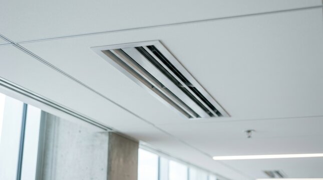 Modern linear slot air vent installed in a white drop ceiling. Commercial HVAC ventilation system grille in an office building interior
