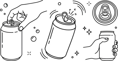 Naklejka premium Aluminum soda can opening process outline set with hand holding beverage top view pull tab vector illustration