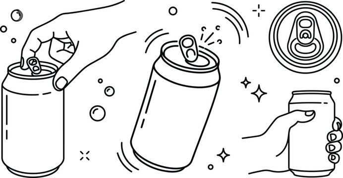 Aluminum soda can opening process outline set with hand holding beverage top view pull tab vector illustration