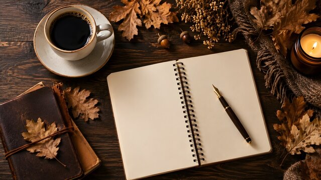 Autumnal flat lay with open notebook and coffee cup, cozy fall workspace with dried oak leaves and candle, vintage journal on dark wooden table