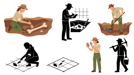 Set of vector collection featuring different male and female archaeologists, excavating ancient artifacts, brushing fossils, documenting excavation sites, using shovels and trowels © mehdik