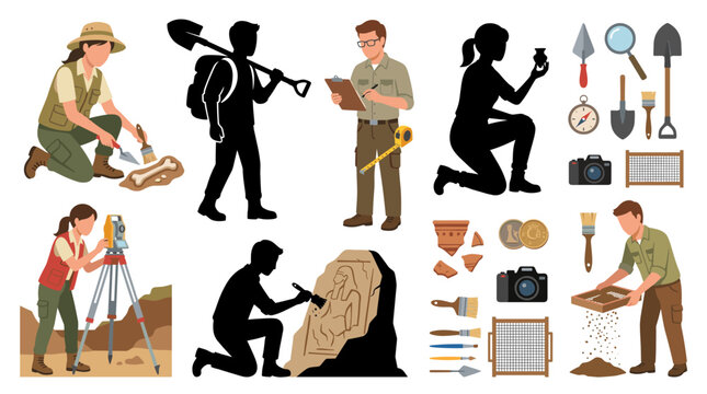 Professional vector collection featuring different male and female archaeologists, excavating ancient artifacts, brushing fossils, documenting excavation sites, using shovels and trowels