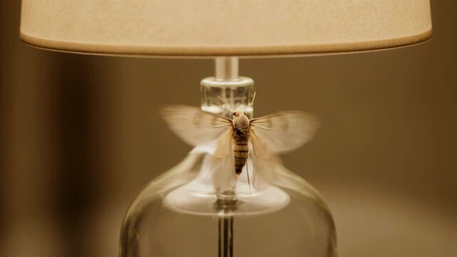 Close-up of a moth fluttering on a glass lamp base. Insect behavior inside a home interior. Domestic wildlife and lighting concept