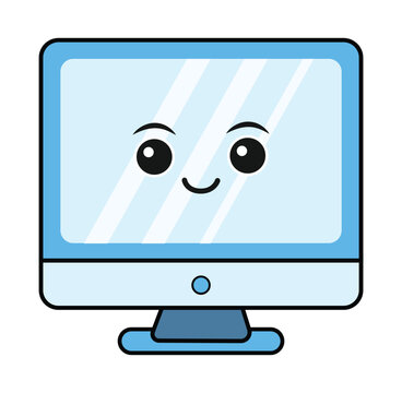 Cute cartoon computer monitor with a happy smiling face character.
