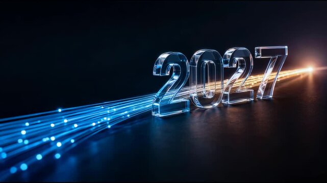Glowing fiber optic light flowing through transparent 2027 numbers symbolizing artificial intelligence digital transformation innovation and the future in a seamless looping animation