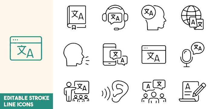 Language icon set. Translation and communication linear icon collection. Containing translate, writing, speech, speaking, dictionary, text, language. Editable stroke