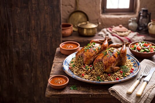 Traditional Egyptian Hamam Mahshi stuffed pigeons with wheat served on a rustic wooden table.
